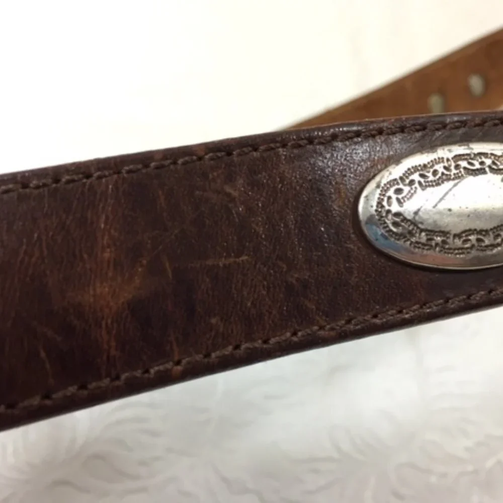 Langu Leather Brown Belt Silver Toned Engraved Ornaments